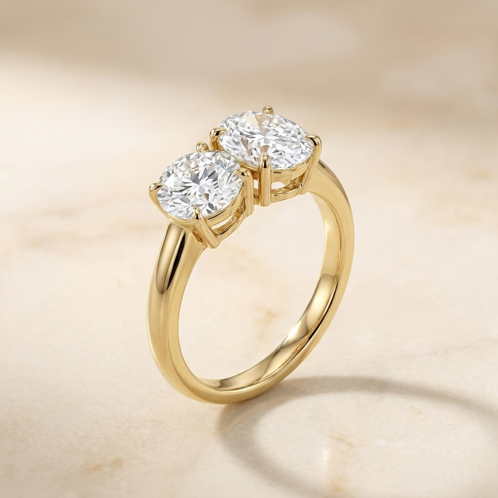 14K Yellow Gold Sasha Toi et Moi Select Round & Oval Lab Diamond Engagement Ring - Alt angle on warm marble