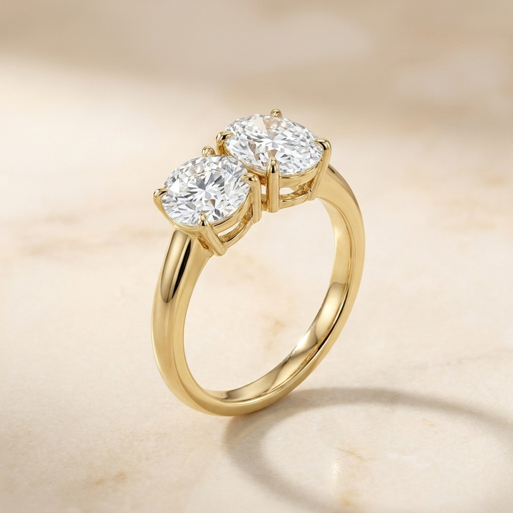 14K Yellow Gold Sasha Toi et Moi Select Round & Oval Lab Diamond Engagement Ring - Alt angle on warm marble