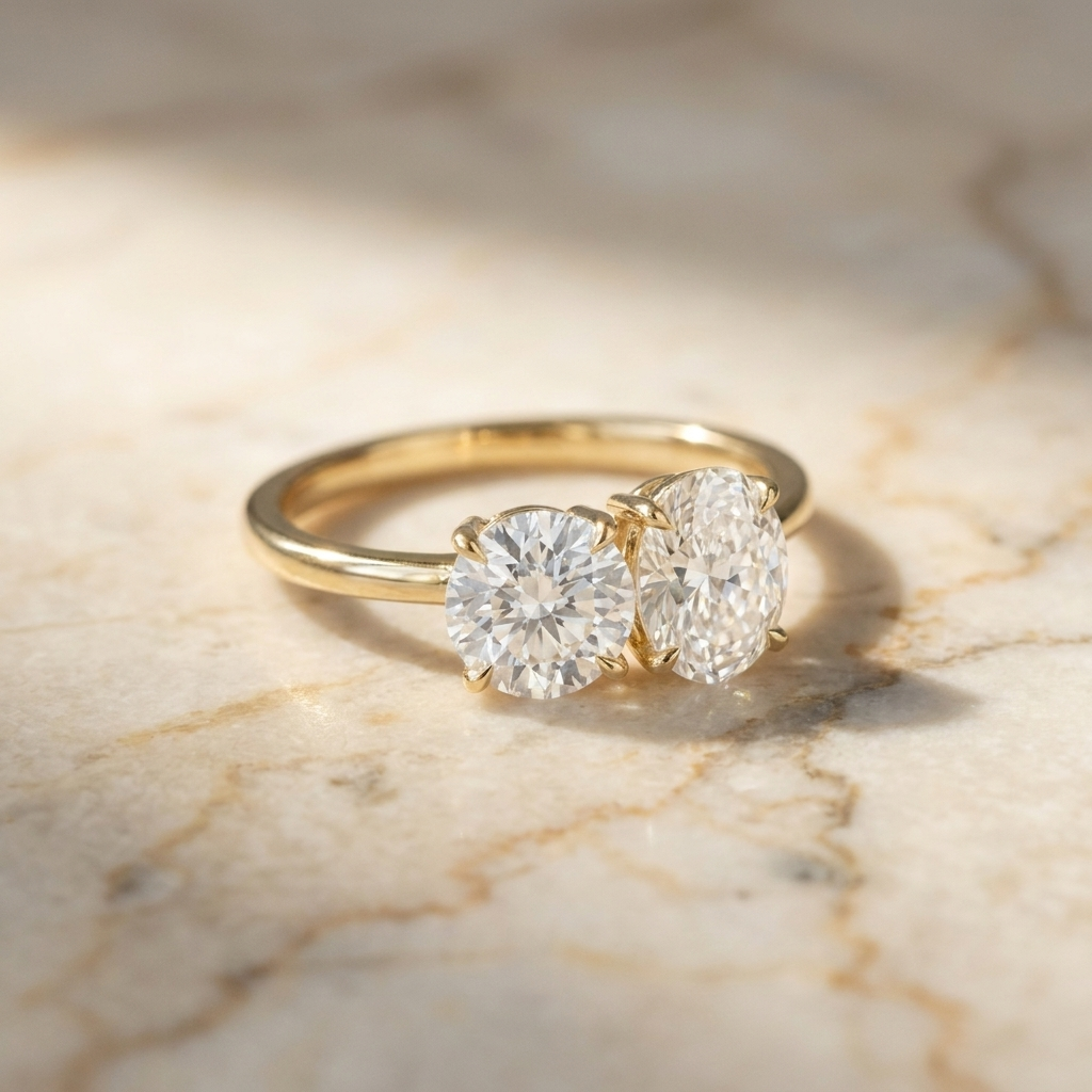 14K Yellow Gold Sasha Toi et Moi Select Round & Oval Lab Diamond Engagement Ring - Hero on warm marble