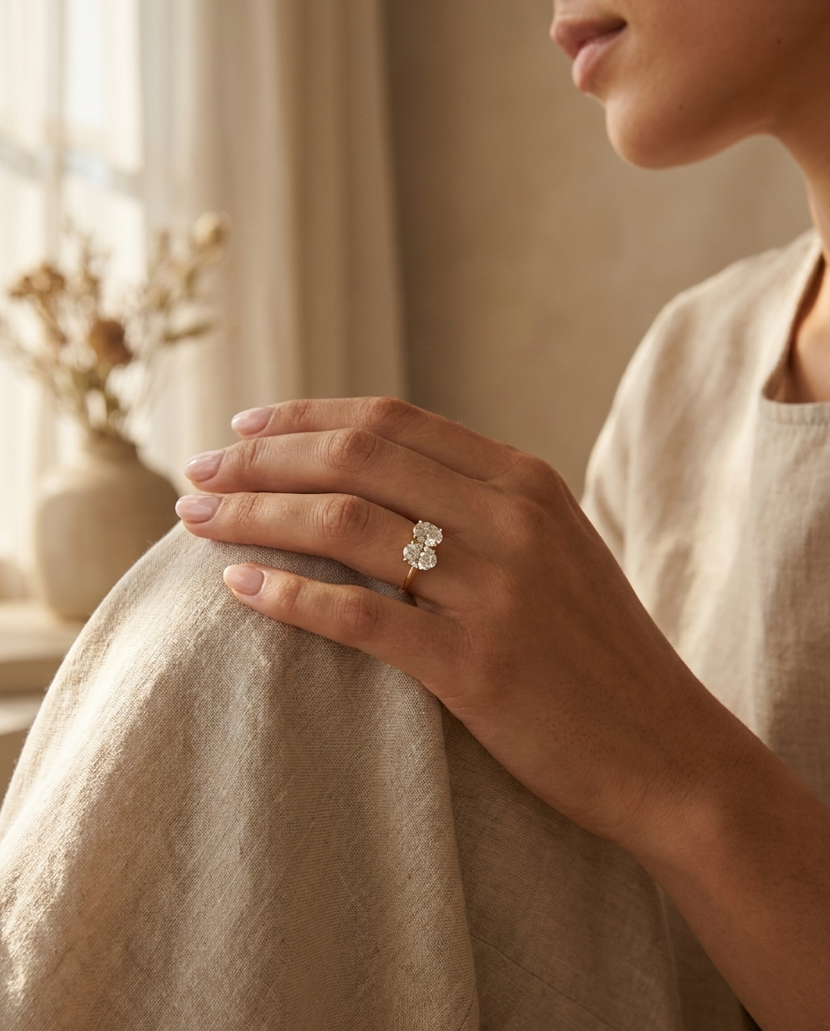 14K Yellow Gold Sasha Toi et Moi Select Round & Oval Lab Diamond Engagement Ring - Lifestyle scene with hand model