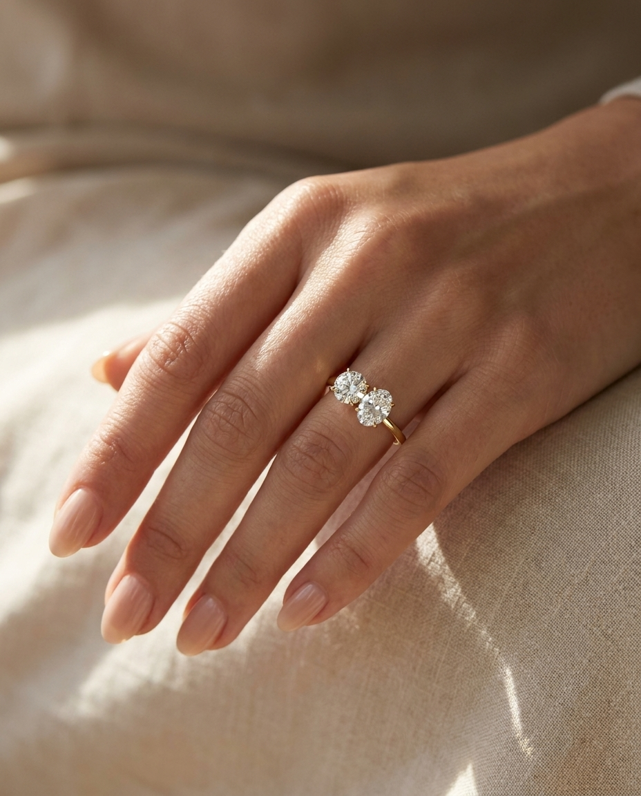 14K Yellow Gold Sasha Toi et Moi Select Round & Oval Lab Diamond Engagement Ring - Ring on hand model