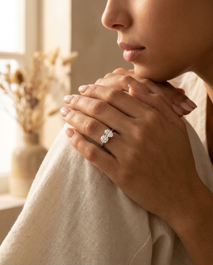 18K White Gold Sasha Toi et Moi Select Round & Oval Lab Diamond Engagement Ring - Lifestyle scene with hand model
