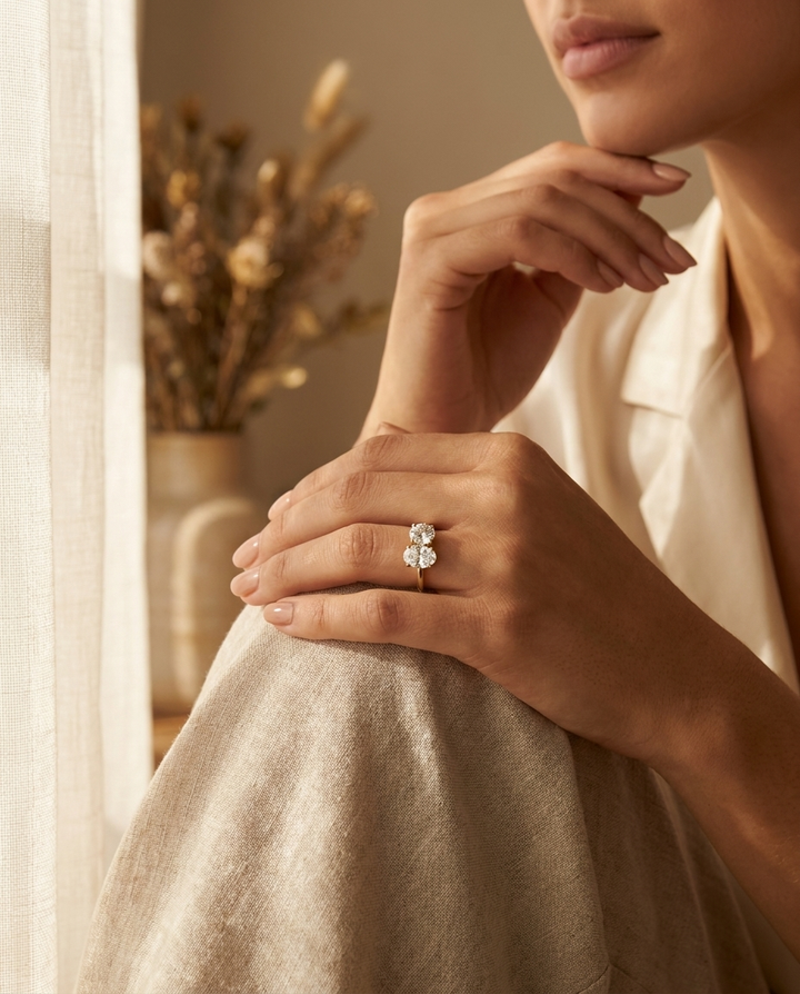 18K Yellow Gold Sasha Toi et Moi Select Round & Oval Lab Diamond Engagement Ring - Lifestyle scene with hand model