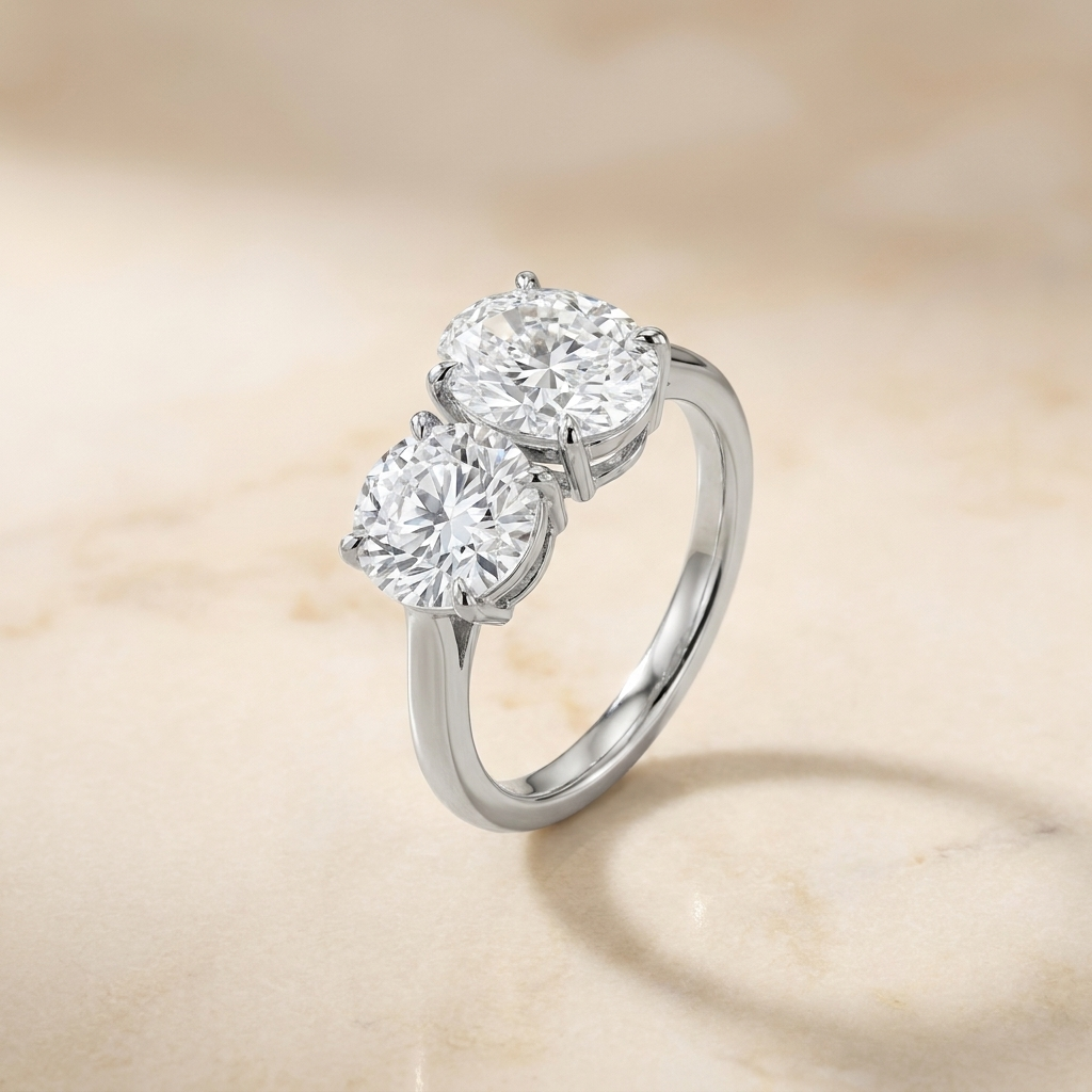 Round Brilliant, Platinum Sasha Toi et Moi Select Round & Oval Lab Diamond Engagement Ring, prong setting – side profile | RockHer