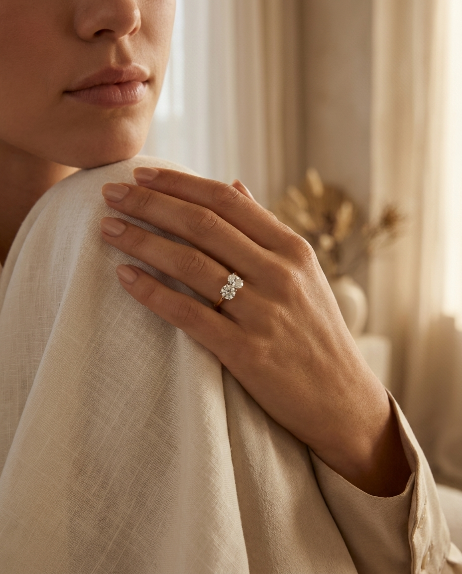 Round Brilliant, Platinum Sasha Toi et Moi Select Round & Oval Lab Diamond Engagement Ring, prong setting – lifestyle shot | RockHer