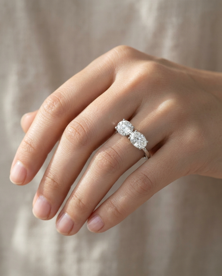 Round Brilliant, Platinum Sasha Toi et Moi Select Round & Oval Lab Diamond Engagement Ring, prong setting – lifestyle shot | RockHer