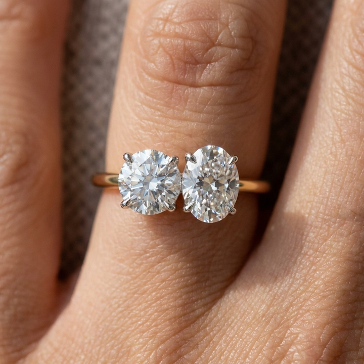 Round Brilliant, Platinum Sasha Toi et Moi Select Round & Oval Lab Diamond Engagement Ring, prong setting – lifestyle shot | RockHer