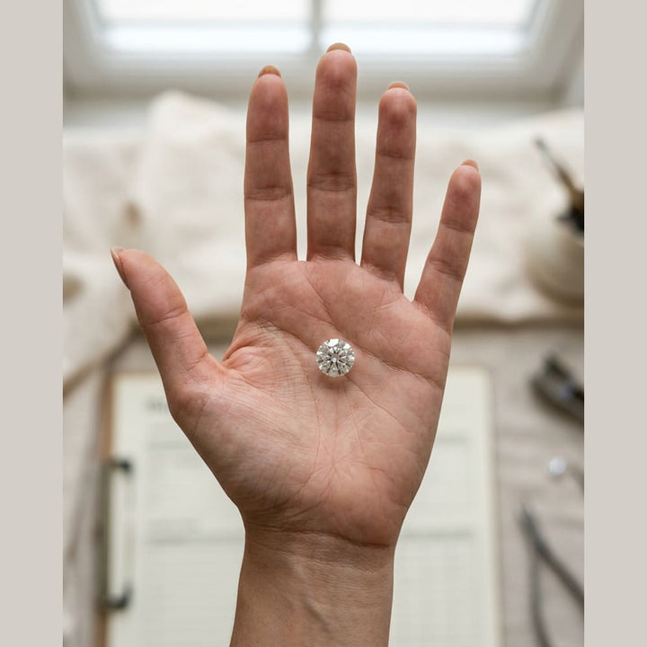 2-1/2 Carat Round Lab Grown Diamond — true-scale on open palm