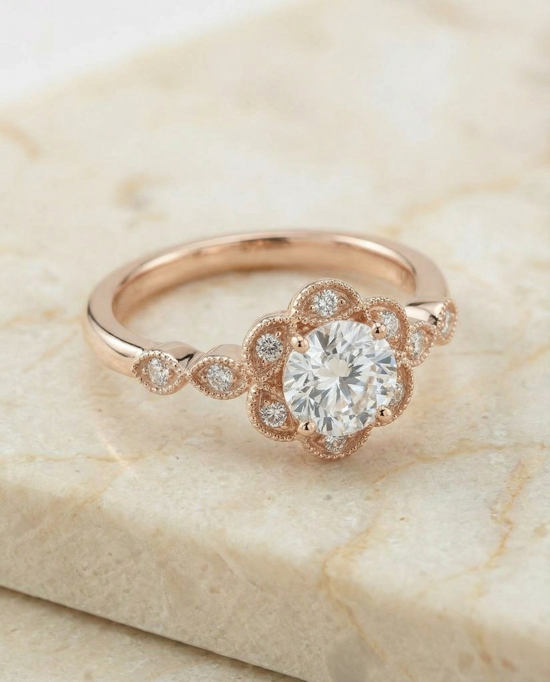Round Brilliant, Scalloped Halo Floral Leaf, in 14K Rose Gold, pave setting – angled view | RockHer