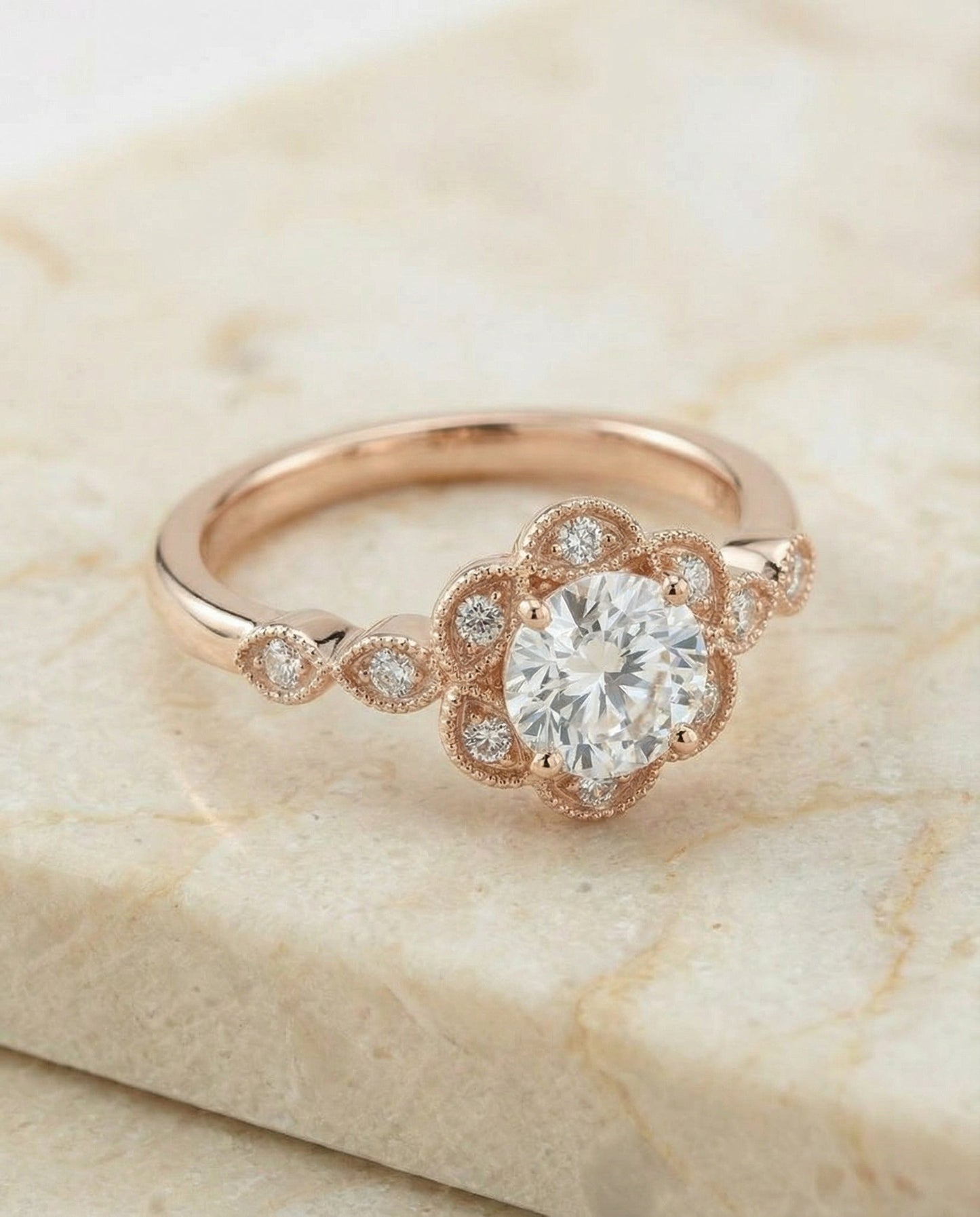 Round Brilliant, Scalloped Halo Floral Leaf, in 14K Rose Gold, pave setting – angled view | RockHer