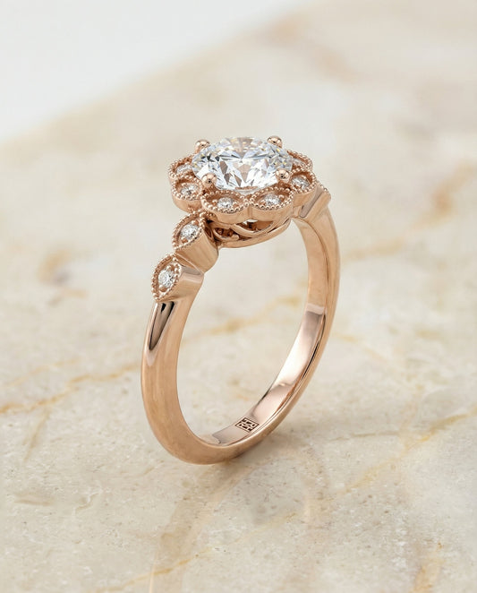 Scalloped Halo Floral Leaf Engagement Ring Setting in 14K Rose Gold