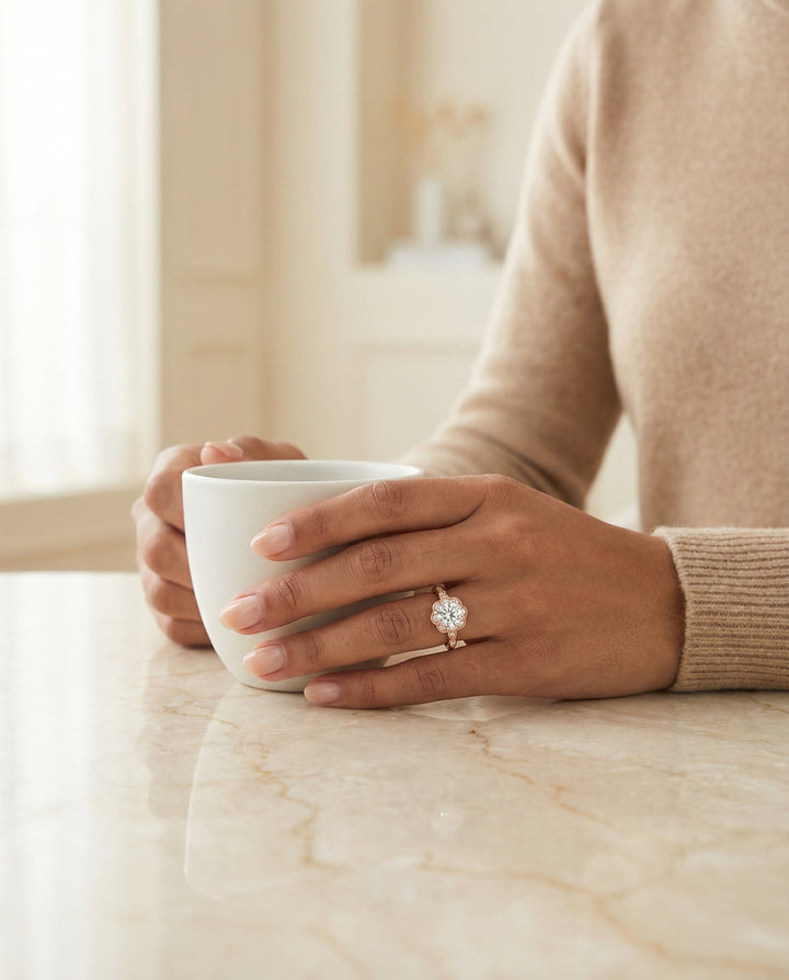 Round Brilliant, Scalloped Halo Floral Leaf, in 14K Rose Gold, pave setting – lifestyle shot | RockHer