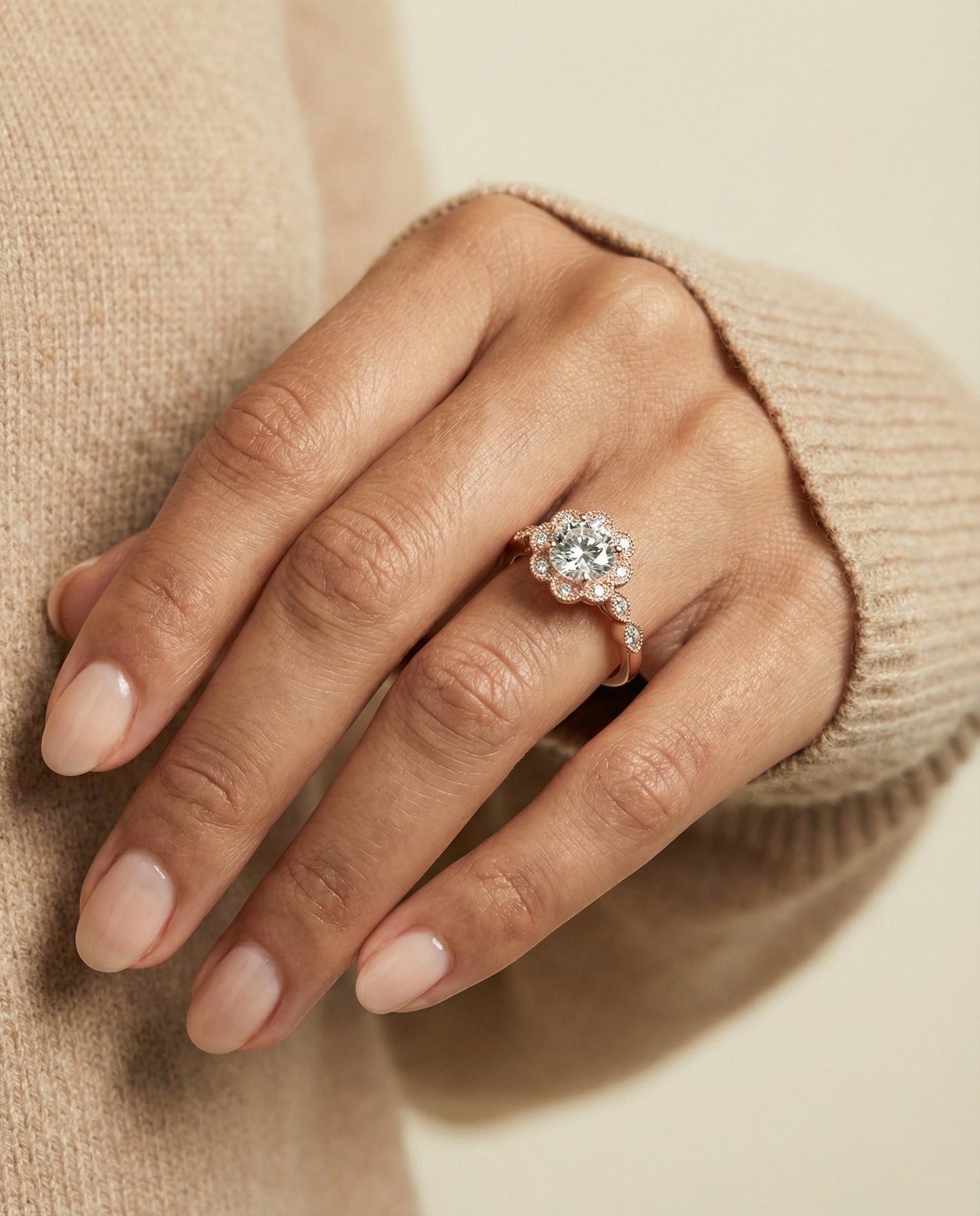 Round Brilliant, Scalloped Halo Floral Leaf, in 14K Rose Gold, pave setting – lifestyle shot | RockHer