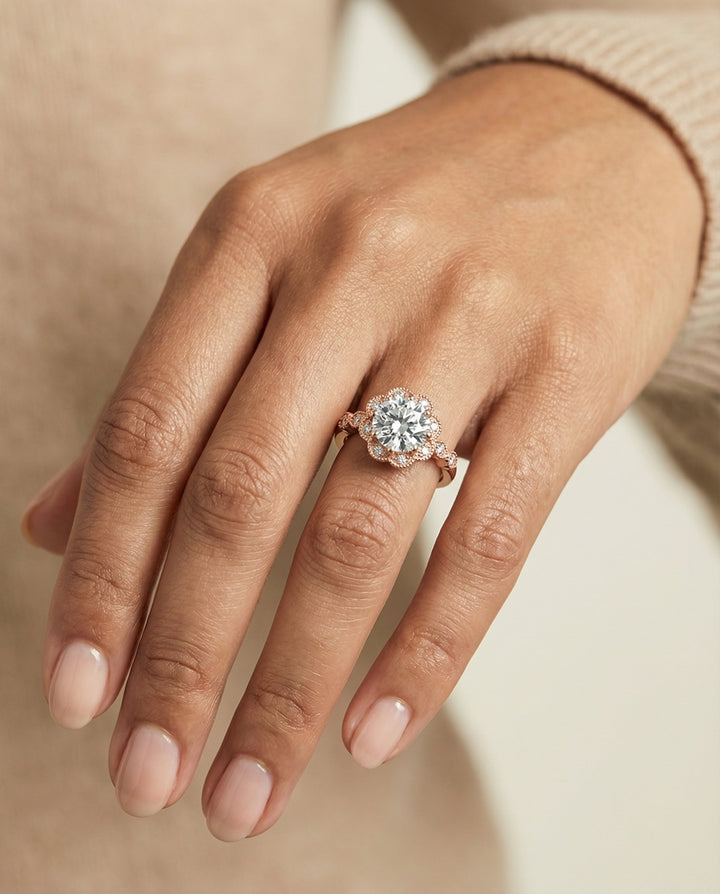 Round Brilliant, Scalloped Halo Floral Leaf, in 14K Rose Gold, pave setting – lifestyle shot | RockHer