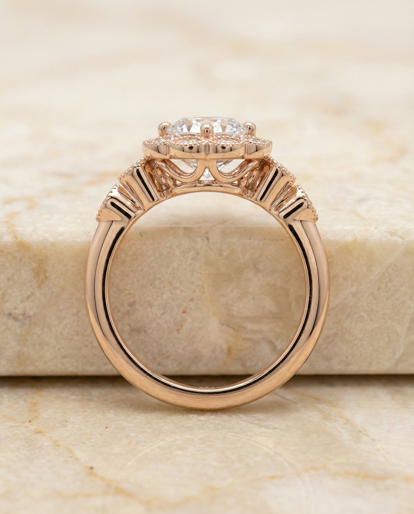 Round Brilliant, Scalloped Halo Floral Leaf, in 14K Rose Gold, pave setting – side profile | RockHer