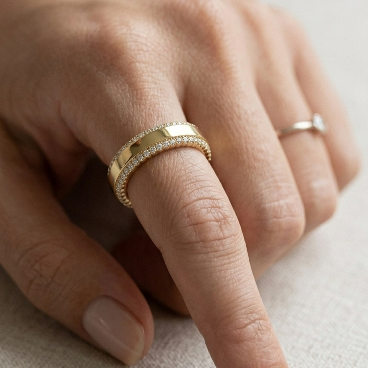 Scalloped Pavé Natural Diamond Cover for Oura Ring, in 14K Yellow Gold – lifestyle shot | RockHer