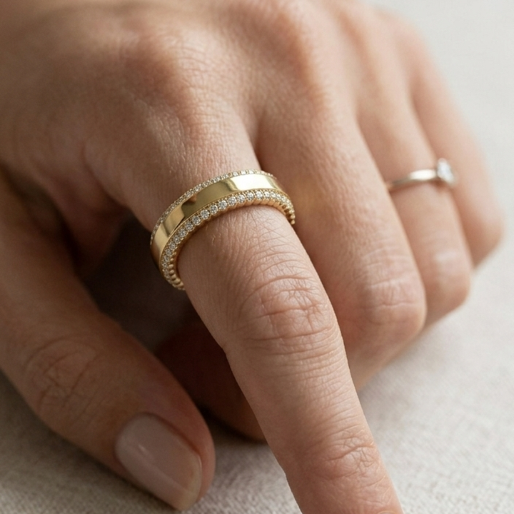 Scalloped Pavé Natural Diamond Cover for Oura Ring, in 14K Yellow Gold – lifestyle shot | RockHer