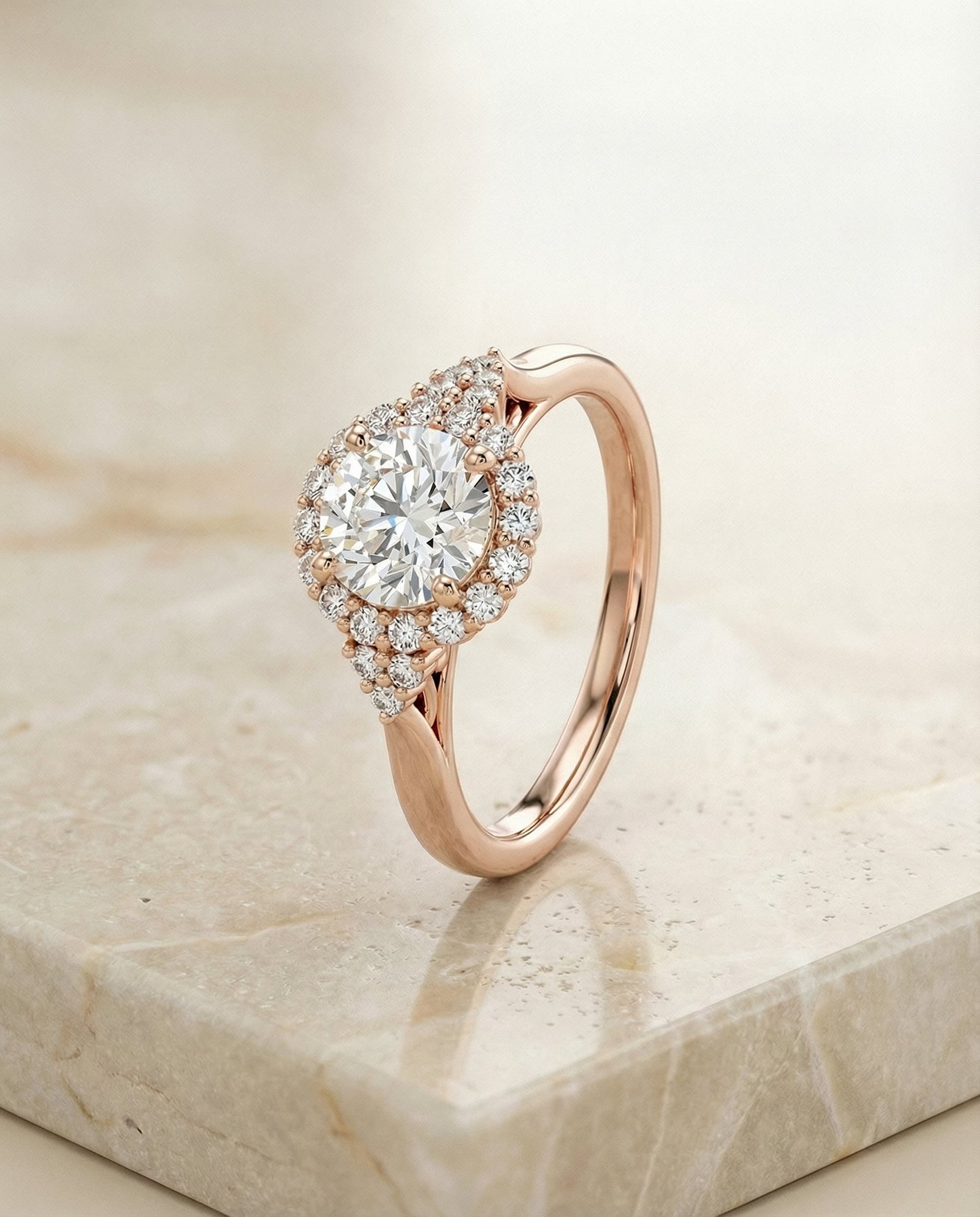 Round Brilliant, Scroll Gallery Halo, in 14K Rose Gold, pave setting – front view | RockHer