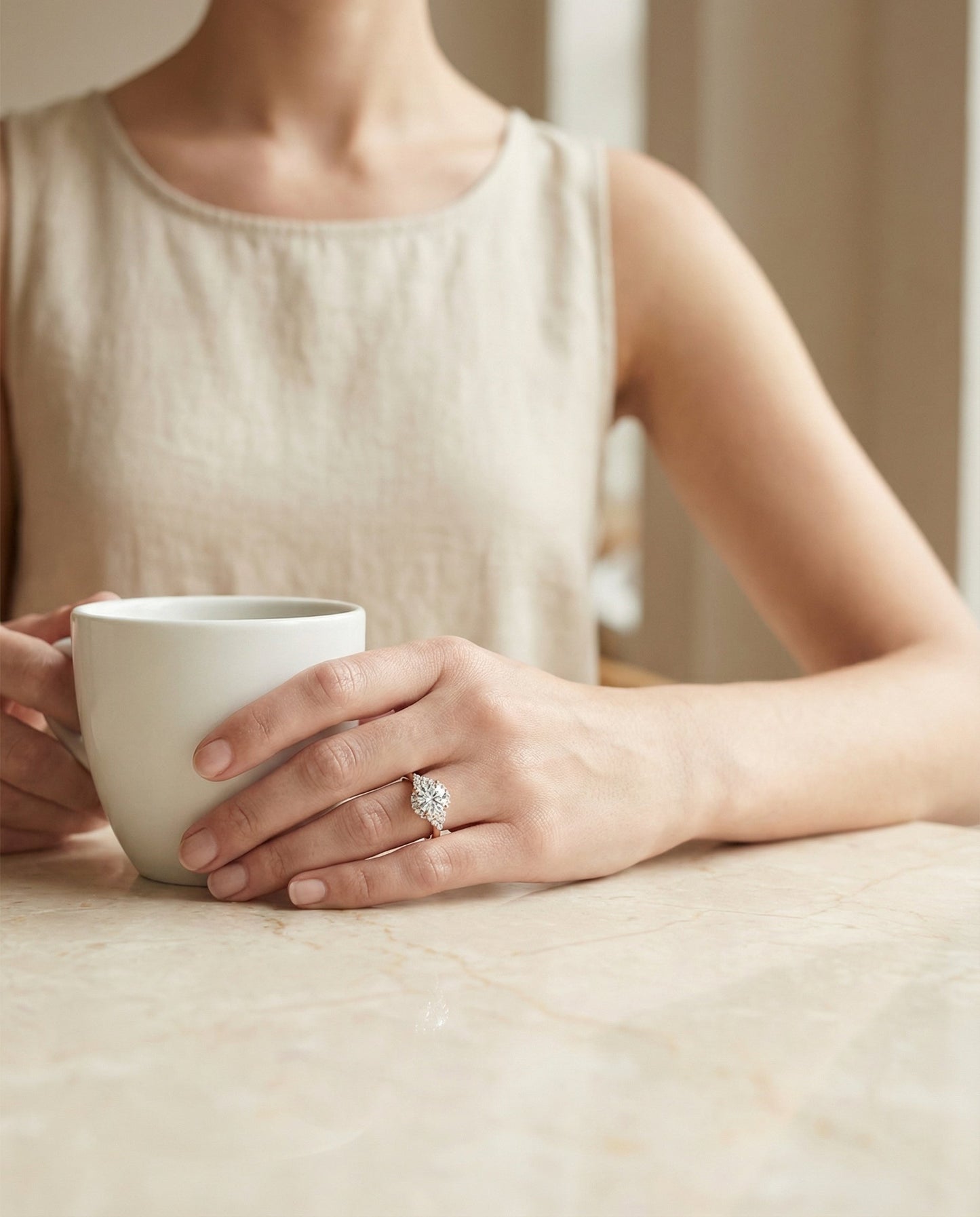 Round Brilliant, Scroll Gallery Halo, in 14K Rose Gold, pave setting – lifestyle shot | RockHer
