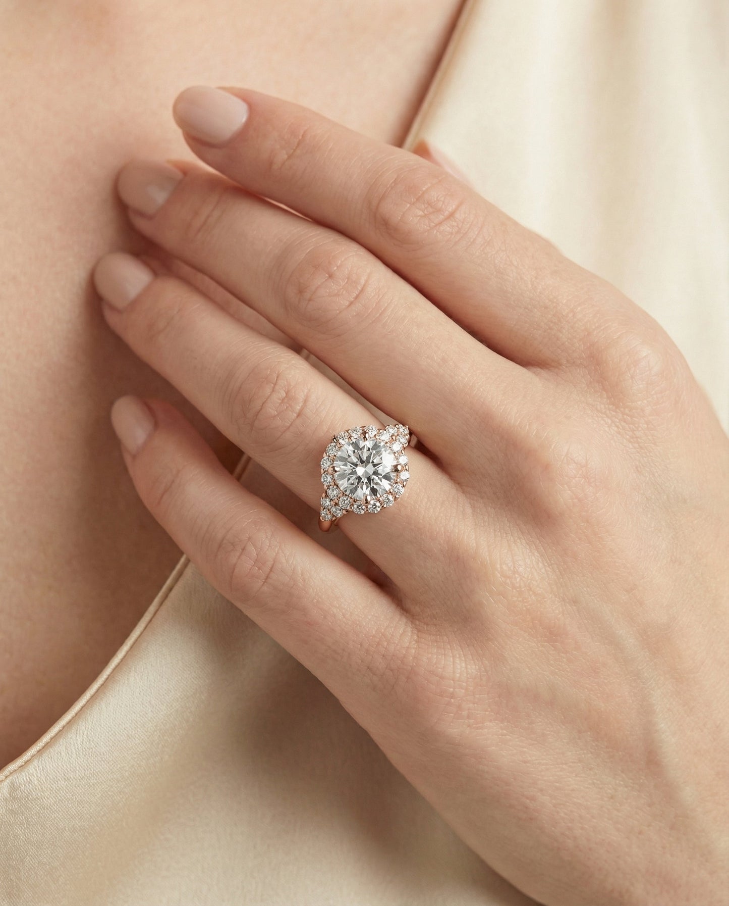 Round Brilliant, Scroll Gallery Halo, in 14K Rose Gold, pave setting – lifestyle shot | RockHer