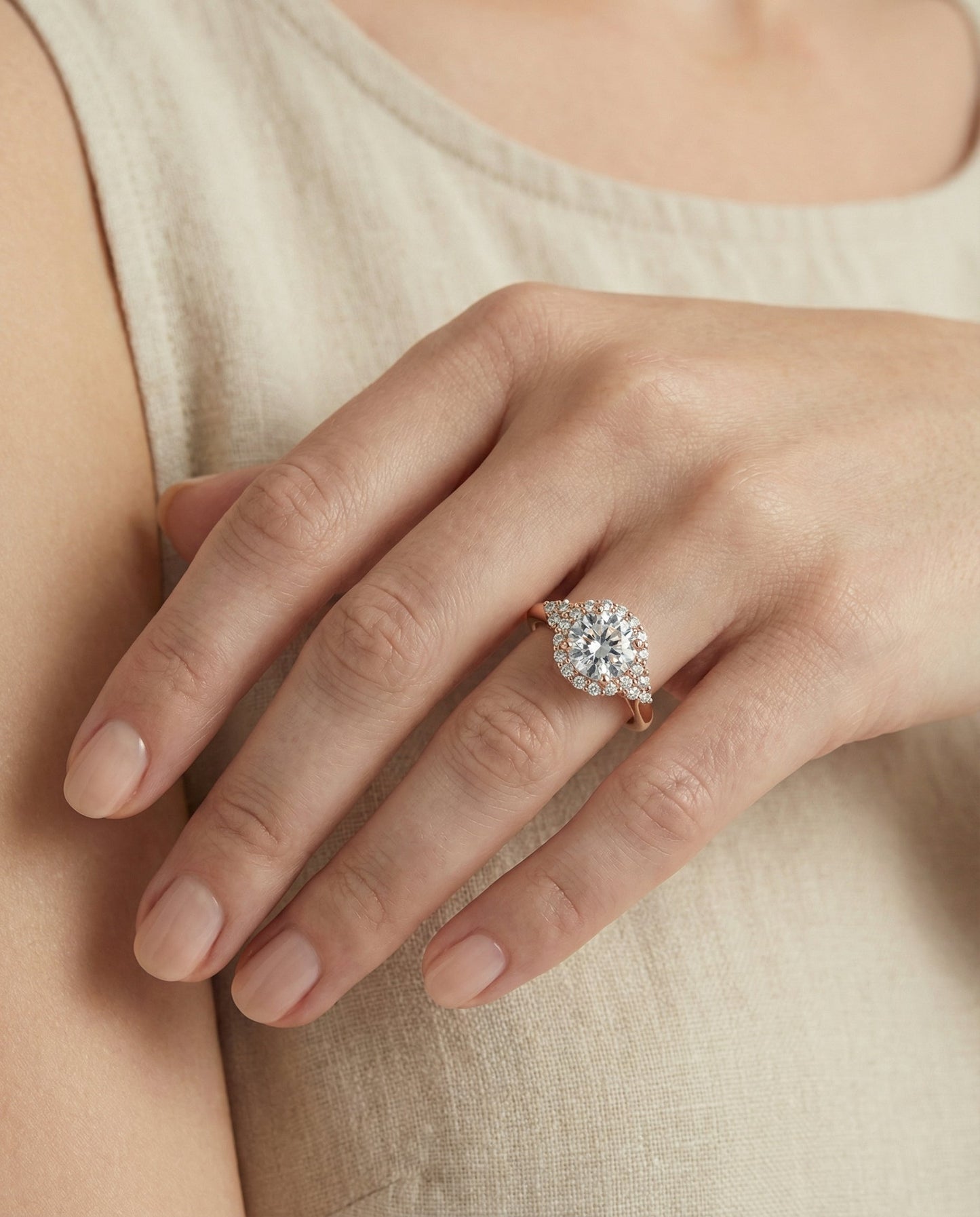 Round Brilliant, Scroll Gallery Halo, in 14K Rose Gold, pave setting – lifestyle shot | RockHer