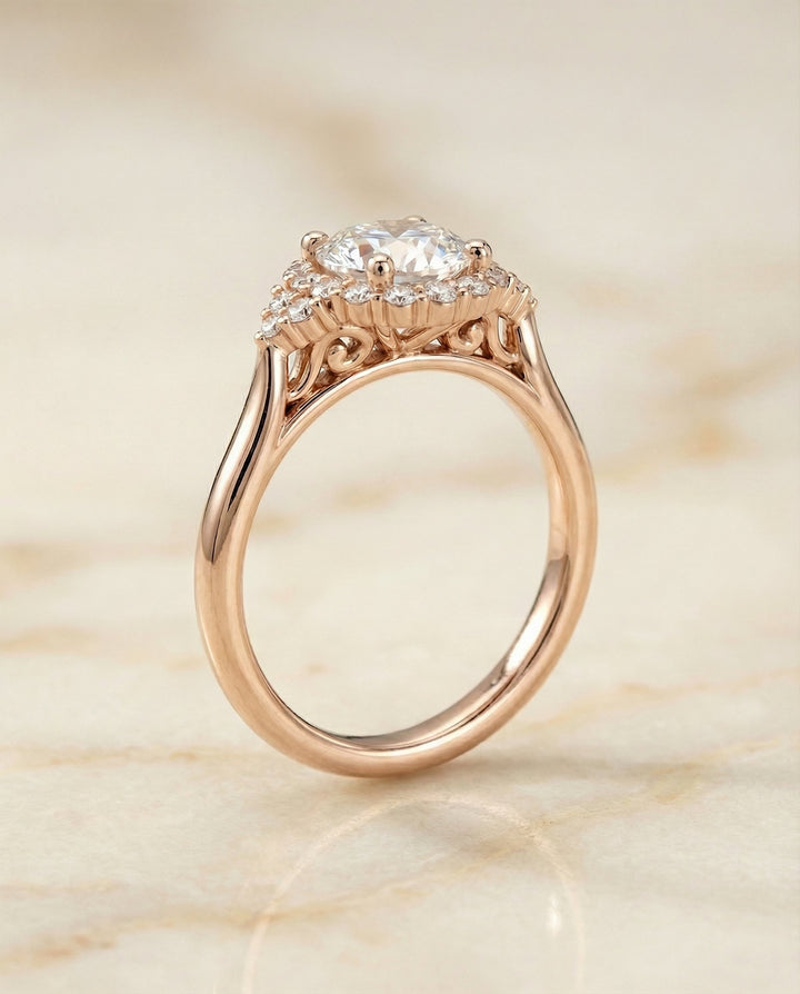 Round Brilliant, Scroll Gallery Halo, in 14K Rose Gold, pave setting – side profile | RockHer