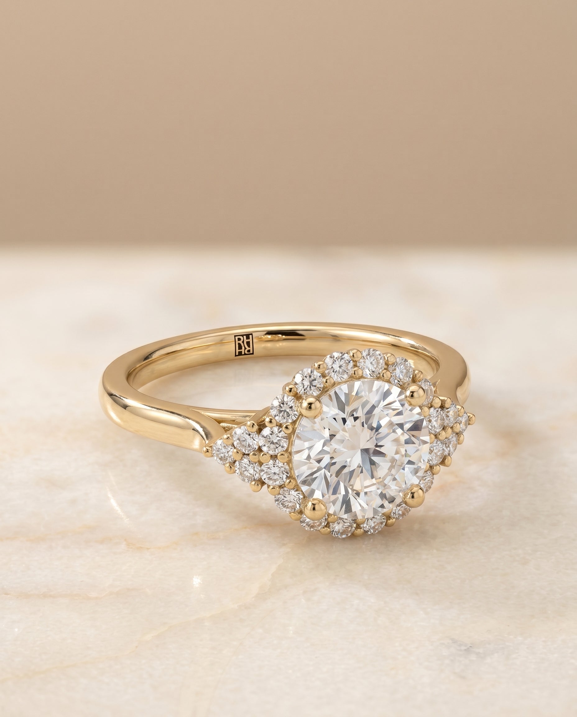 Round Brilliant, Scroll Gallery Halo, in 18K Yellow Gold, pave setting – angled view | RockHer