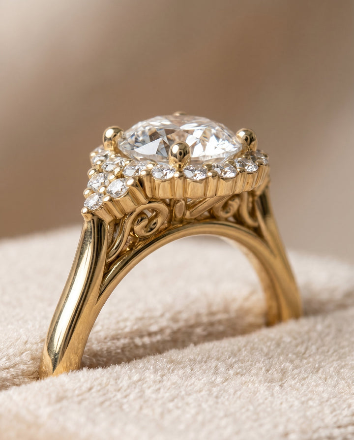 Round Brilliant, Scroll Gallery Halo, in 18K Yellow Gold, pave setting – detail view | RockHer