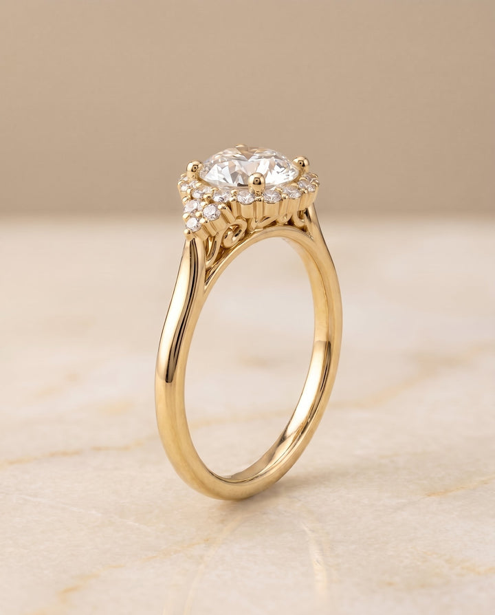 Round Brilliant, Scroll Gallery Halo, in 18K Yellow Gold, pave setting – front view | RockHer
