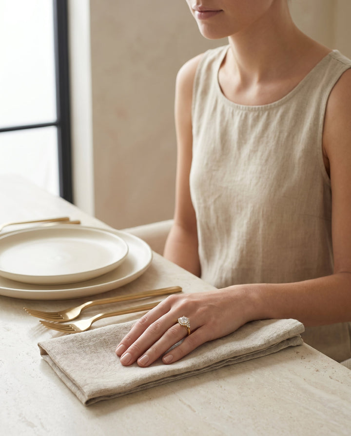 Round Brilliant, Scroll Gallery Halo, in 18K Yellow Gold, pave setting – lifestyle shot | RockHer