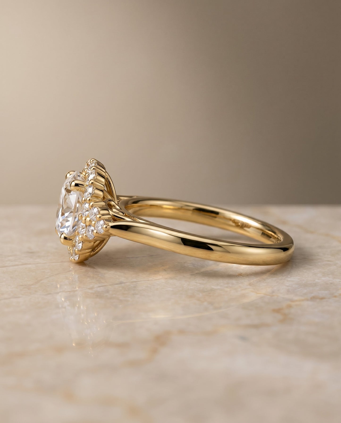Round Brilliant, Scroll Gallery Halo, in 18K Yellow Gold, pave setting – side profile | RockHer