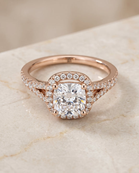 Vega Select Scroll Gallery Split Shank Halo Cushion in 14K Rose Gold – view 1