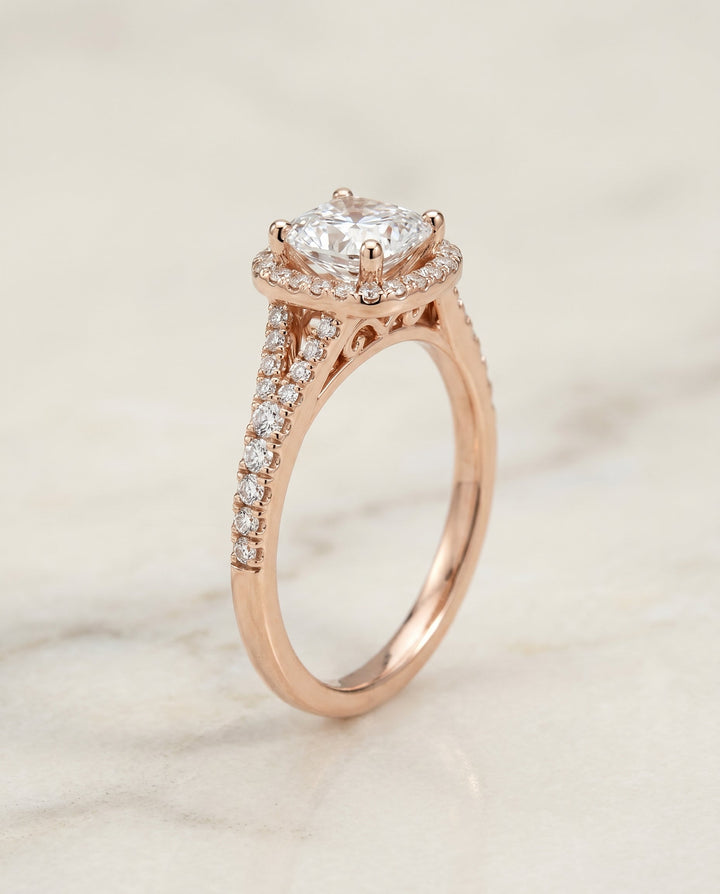 Vega Select Scroll Gallery Split Shank Halo Cushion in 14K Rose Gold – view 2