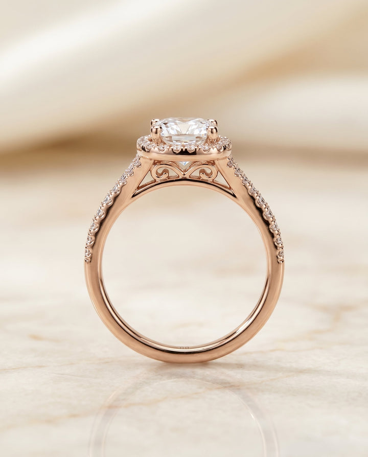 Vega Select Scroll Gallery Split Shank Halo Cushion in 14K Rose Gold – view 6