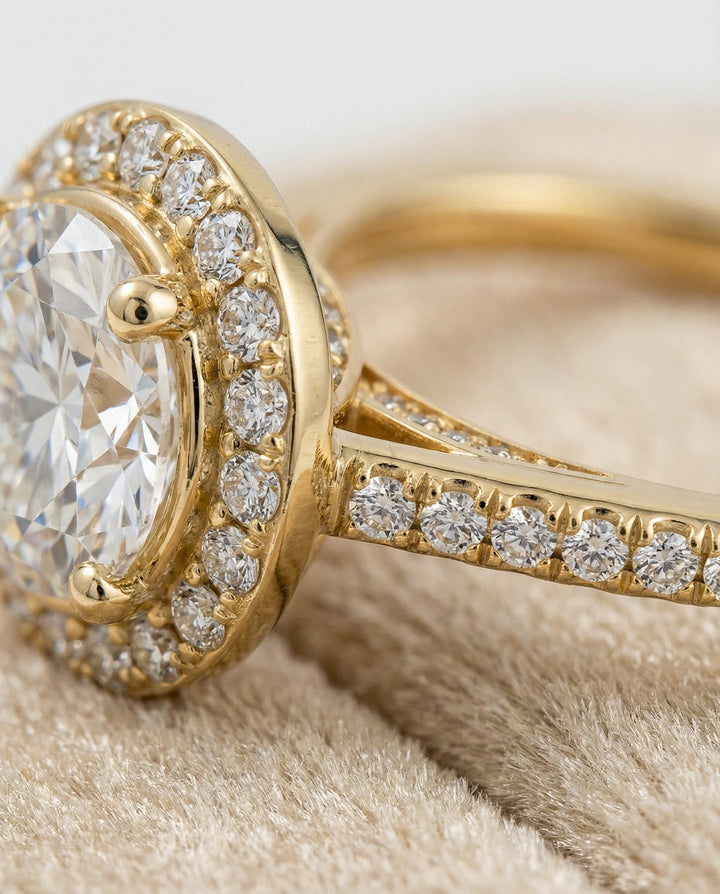 Round Brilliant, Secret Gallery French Pavé Halo, in 18K Yellow Gold – detail view | RockHer