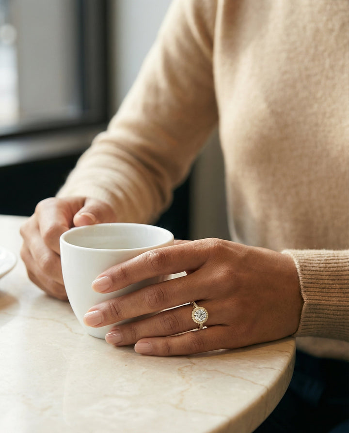 Round Brilliant, Secret Gallery French Pavé Halo, in 18K Yellow Gold – lifestyle shot | RockHer