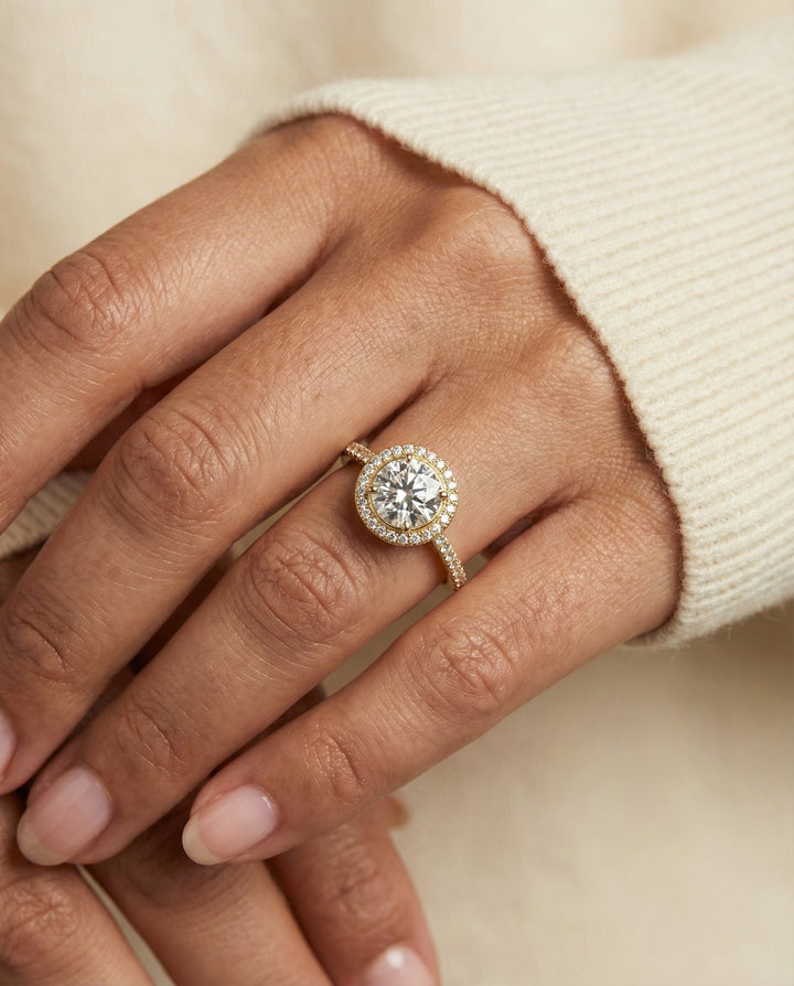 Round Brilliant, Secret Gallery French Pavé Halo, in 18K Yellow Gold – lifestyle shot | RockHer