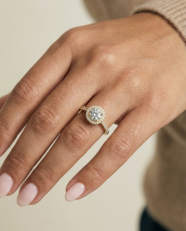 Round Brilliant, Secret Gallery French Pavé Halo, in 18K Yellow Gold – lifestyle shot | RockHer