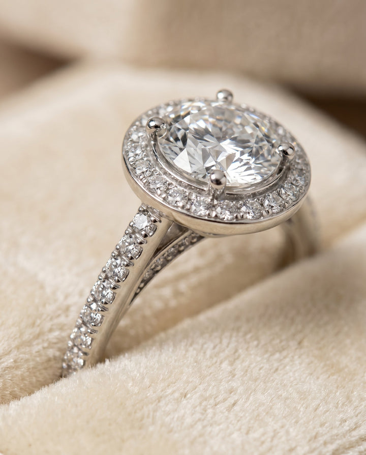Round Brilliant, Secret Gallery French Pavé Halo, in 18K White Gold – detail view | RockHer