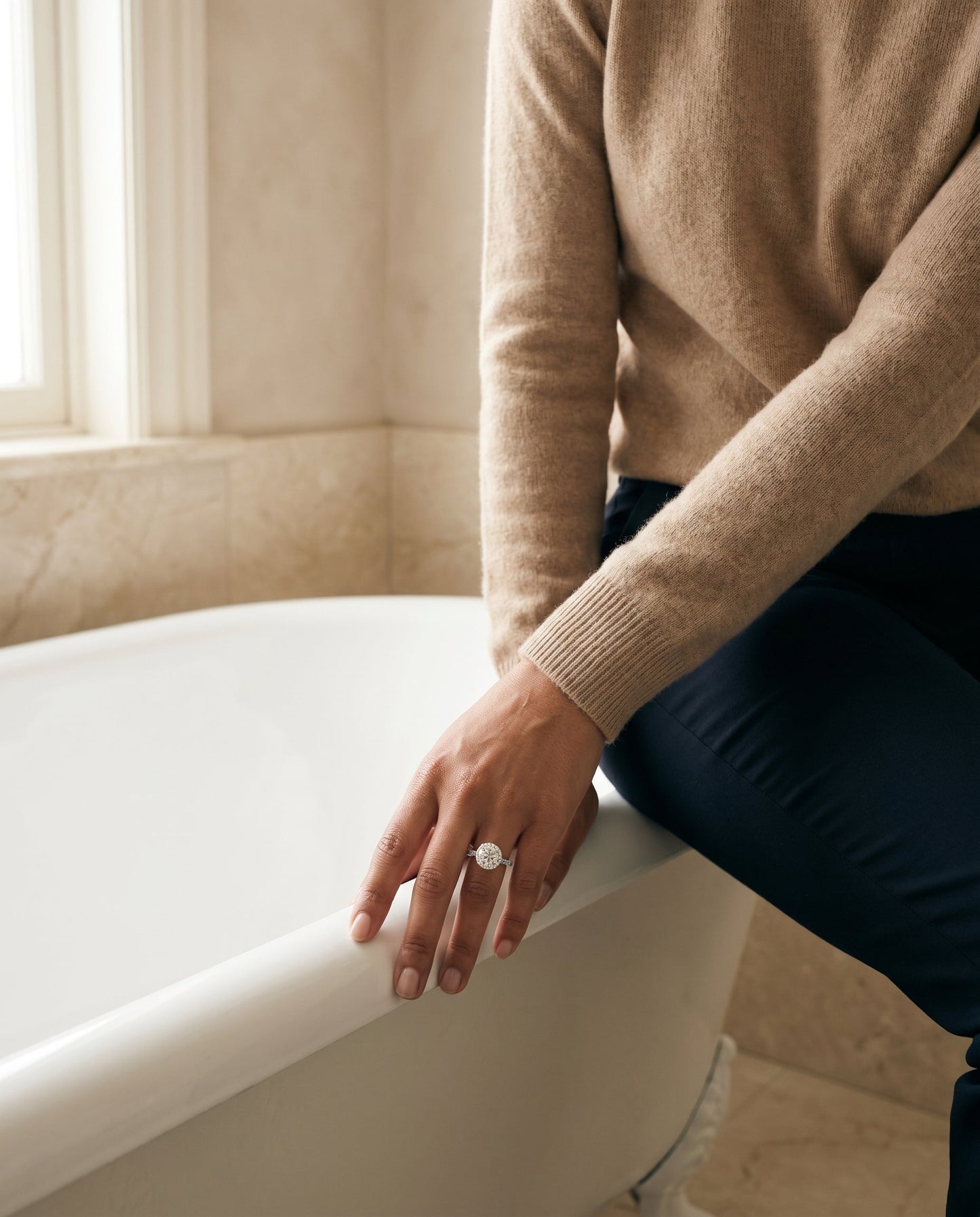 Round Brilliant, Secret Gallery French Pavé Halo, in 18K White Gold – lifestyle shot | RockHer