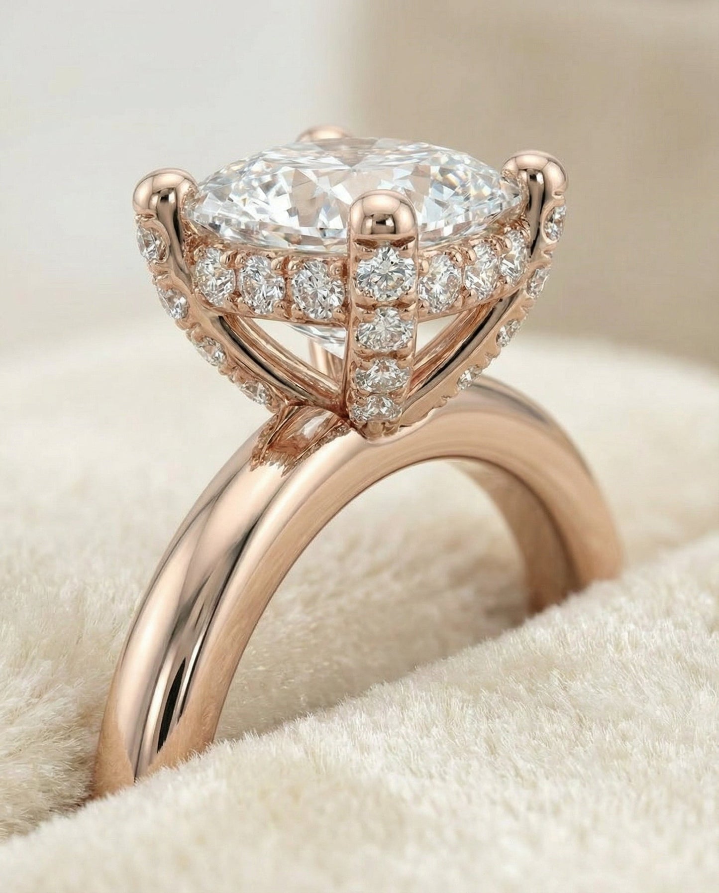 Secret Halo Adorned Prong Solitaire Cushion, in 14K Rose Gold – detail view | RockHer