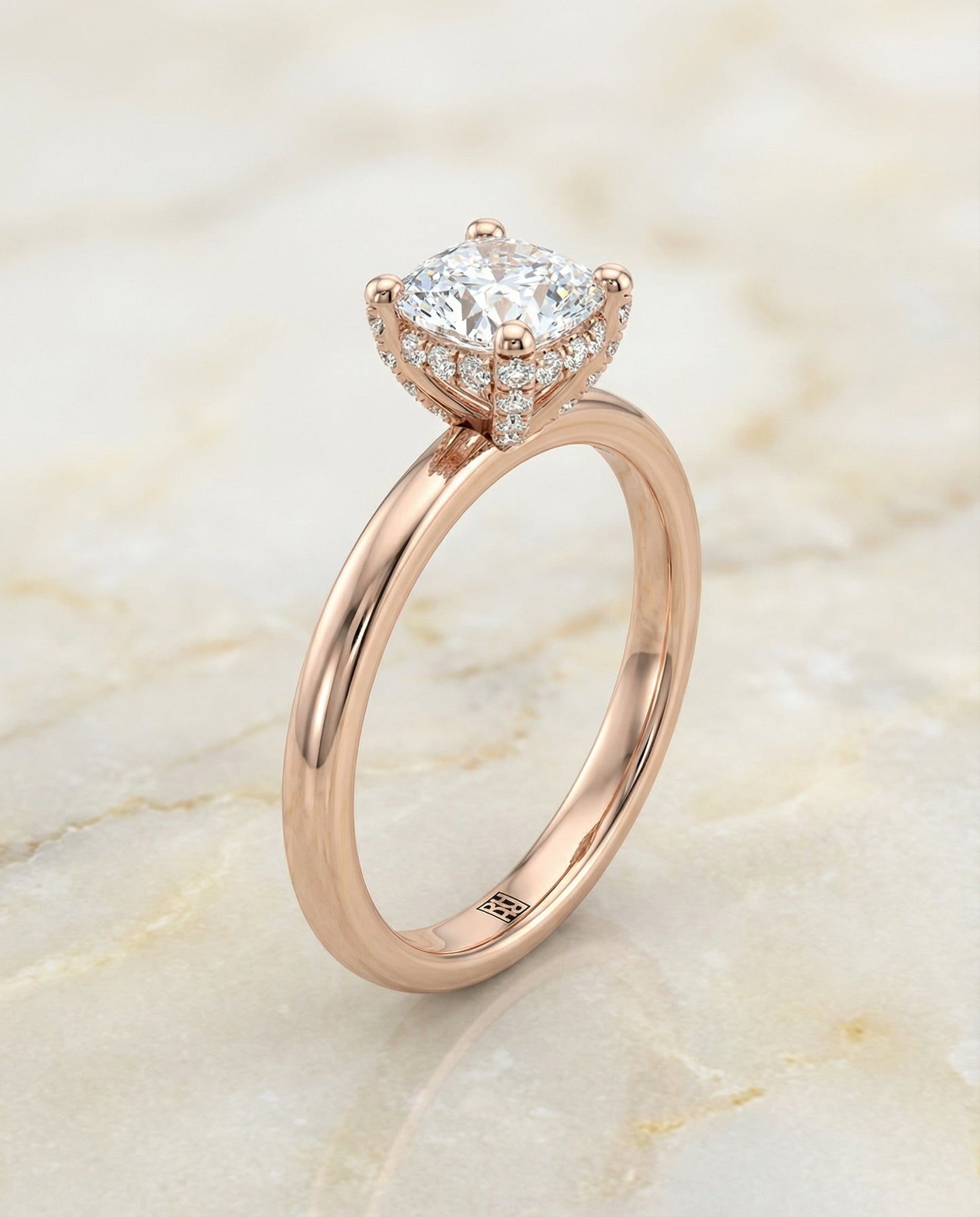 Secret Halo Adorned Prong Solitaire Cushion, in 14K Rose Gold – front view | RockHer