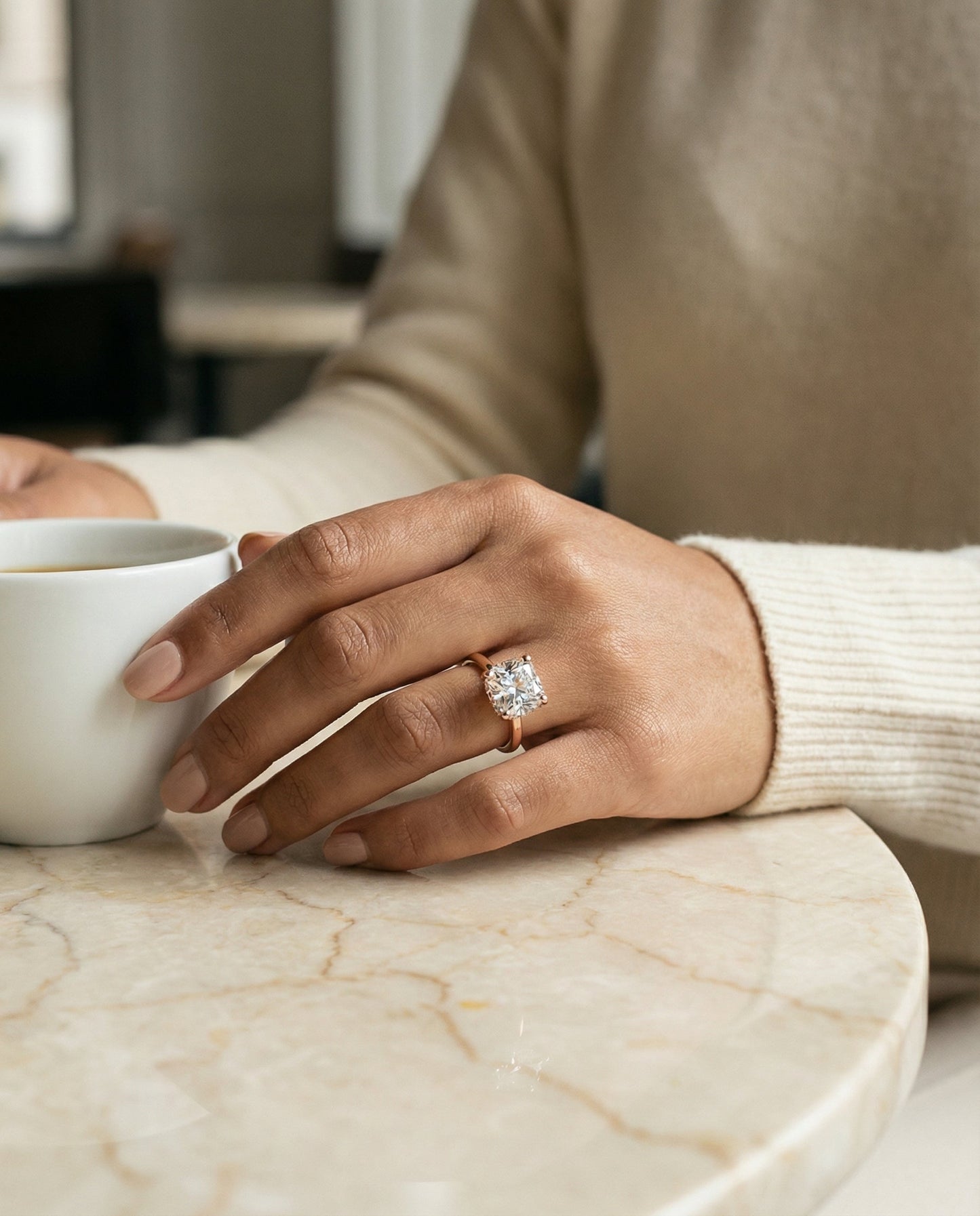 Secret Halo Adorned Prong Solitaire Cushion, in 14K Rose Gold – lifestyle shot | RockHer