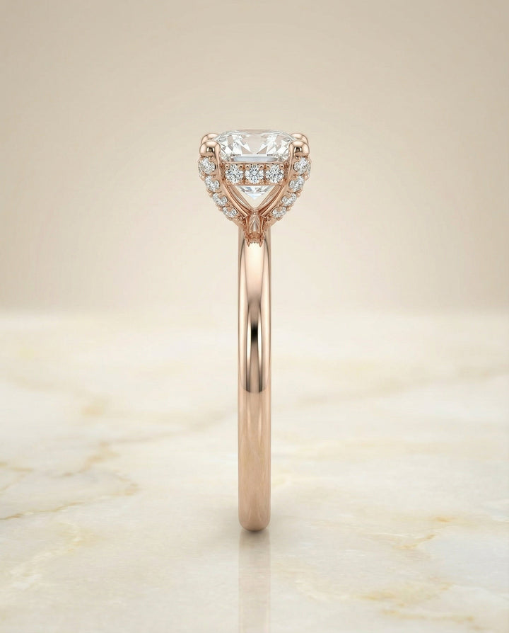 Secret Halo Adorned Prong Solitaire Cushion, in 14K Rose Gold – side profile | RockHer