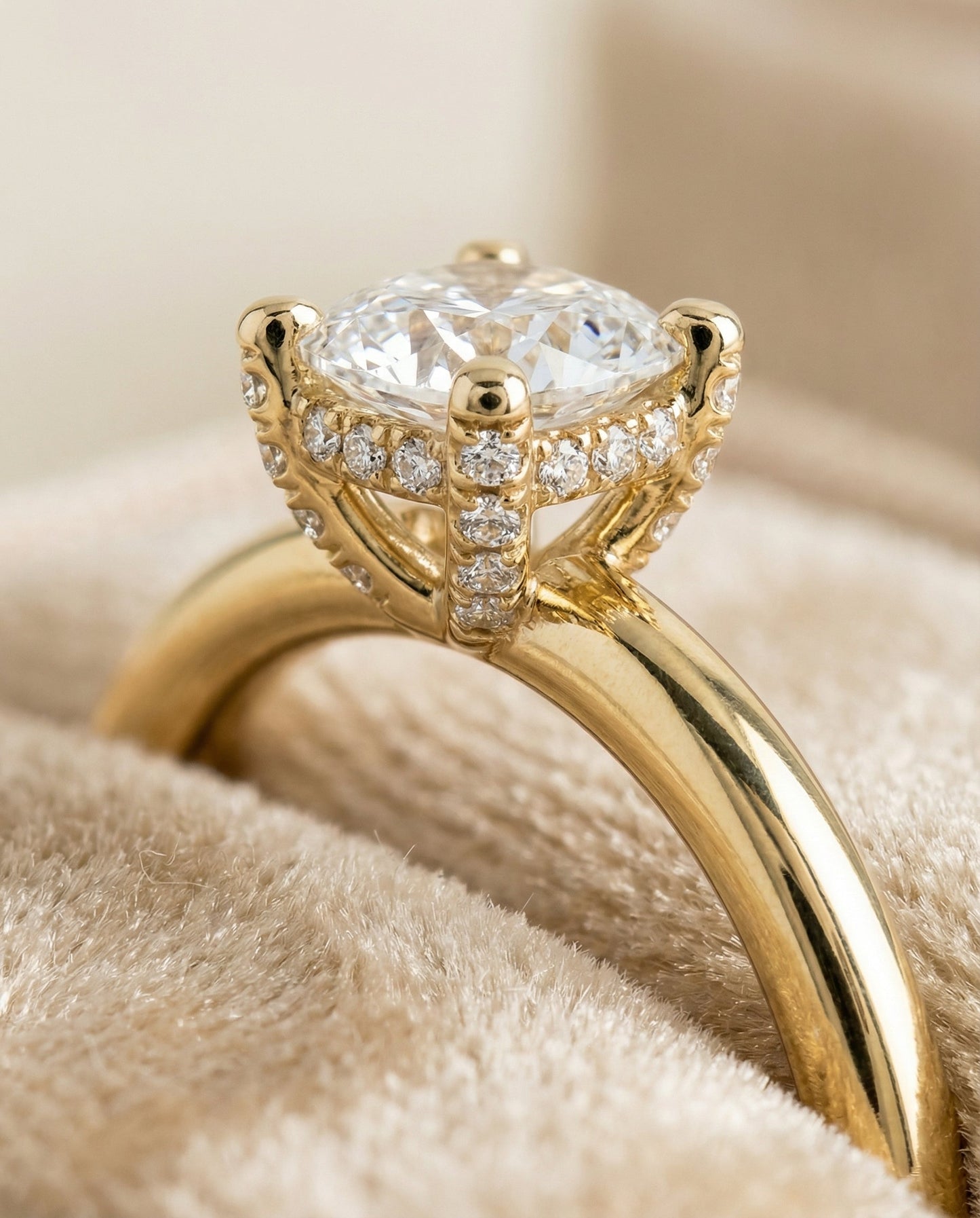 Secret Halo Adorned Prong Solitaire Cushion, in 18K Yellow Gold – detail view | RockHer