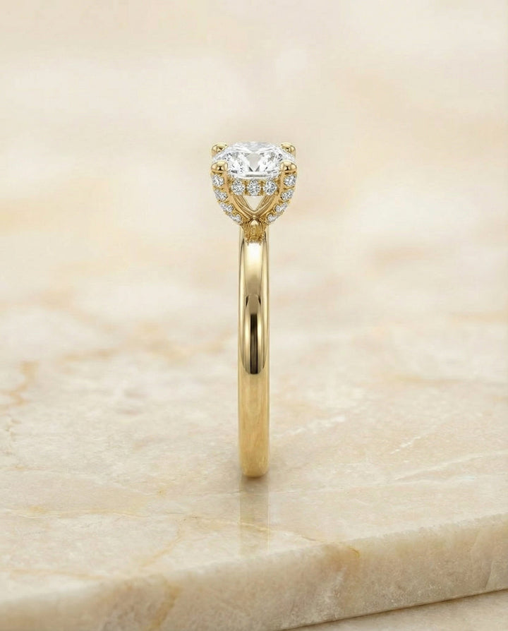 Secret Halo Adorned Prong Solitaire Cushion, in 18K Yellow Gold – side profile | RockHer