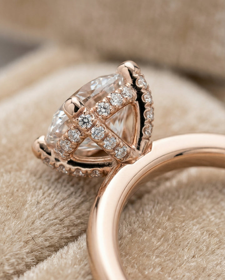 Round Brilliant, Secret Halo Adorned Prong Solitaire, in 14K Rose Gold – detail view | RockHer