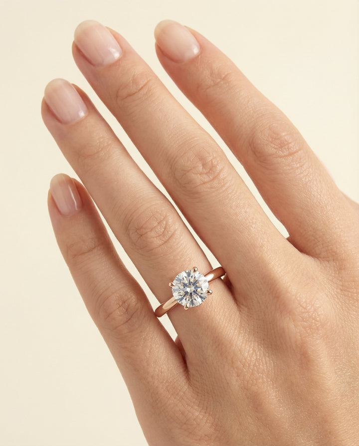 Round Brilliant, Secret Halo Adorned Prong Solitaire, in 14K Rose Gold – lifestyle shot | RockHer