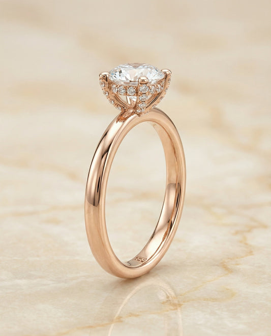 Round Brilliant, Secret Halo Adorned Prong Solitaire, in 14K Rose Gold – side profile | RockHer