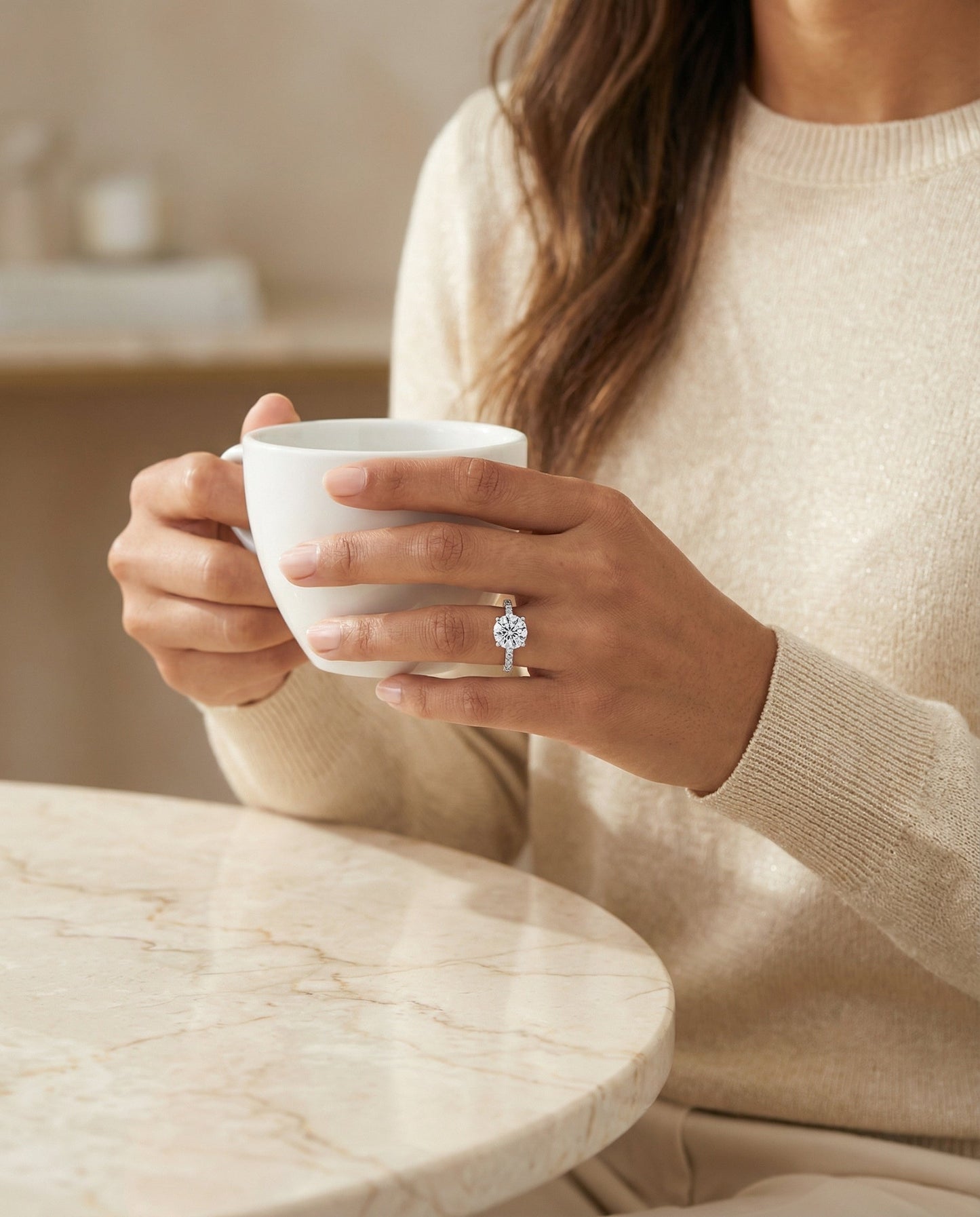 Round Brilliant, Secret Halo French Pavé Solitaire, in Platinum – lifestyle shot | RockHer